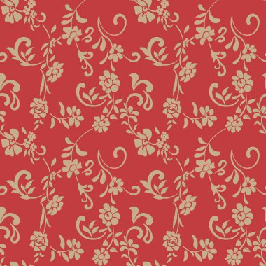 Vektör çiçek deseni. Kırmızı arka planda bir sürü çiçek ve yaprak