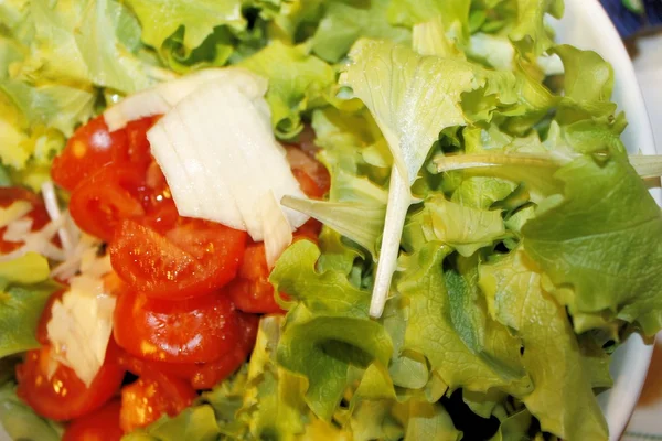 Зелений салат з помідорами вишні та цибулею — стокове фото