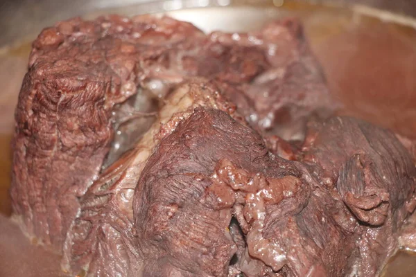 Todo Pedazo Carne Res Está Hirviendo Olla — Foto de Stock