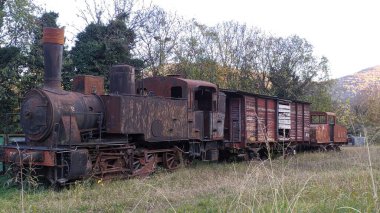 Eski paslı tren lokomotifi bir tarlada terk edilmiş.