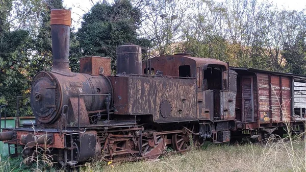 フィールドに放棄された古い錆びた列車機関車は — ストック写真