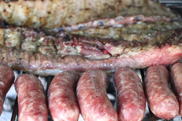 Viande Mixte Avec Côtes Bœuf Saucisse Sur Gril — Photo