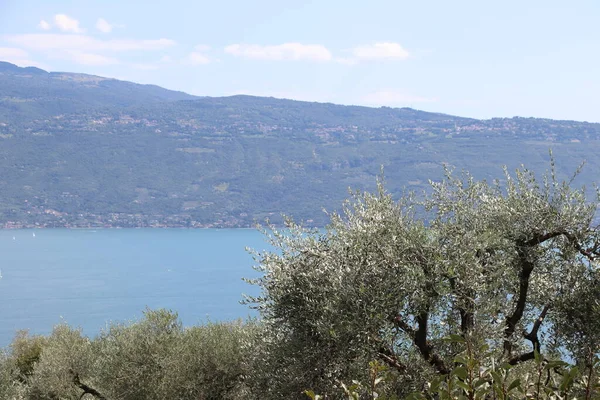 Gardameer Italië Blauw Water Witte Wolken Bergen Mist Vakantieconcept — Stockfoto