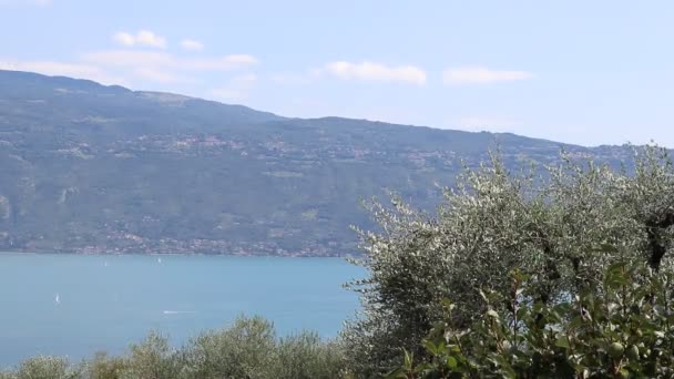 Gardasee Italien Blaues Wasser Weiße Wolken Berge Dunst Urlaubskonzept — Stockvideo