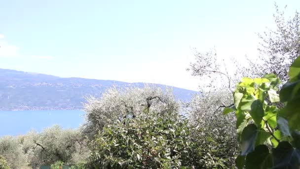 Gardameer Italië Blauw Water Witte Wolken Bergen Mist Vakantieconcept — Stockvideo