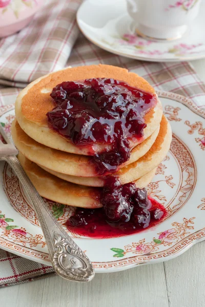 Pancakes with Cherry Compote — Stock Photo, Image