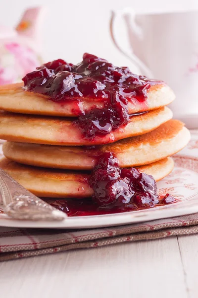 Pancakes with Cherry Compote — Stock Photo, Image