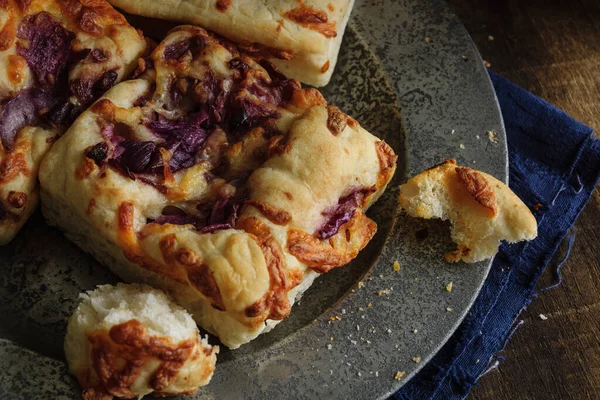 Focaccia Bread Topped Caramelised Red Onion Mozarella Cheese Pewter Plate — Stock Photo, Image