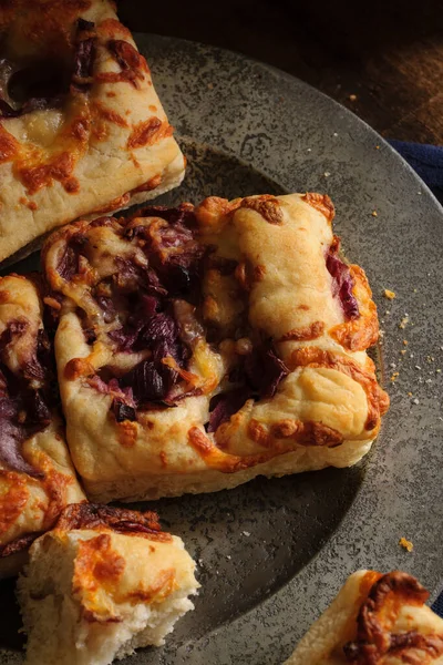 Focaccia Bröd Toppad Med Karamelliserad Rödlök Och Rostade Mozzarella Ost — Stockfoto