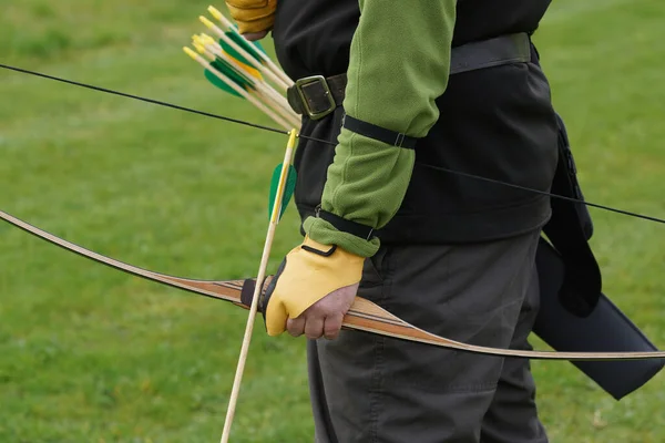 Archer Standing Ready Arrow Nocked American Style Laminated Wooden Flatbow — Stock Photo, Image