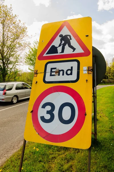 Temporary Speed Restriction End Road Works Sign Showing Miles Hour — Stock Photo, Image