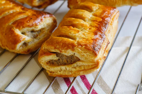 Freshly Baked Sausage Rolls Made Puff Pastry Fresh Out Oven — Stock Photo, Image
