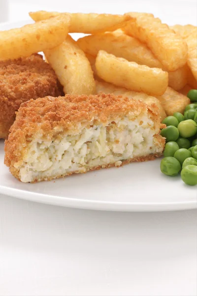 Fishcake Chips and Peas — Stock Photo, Image