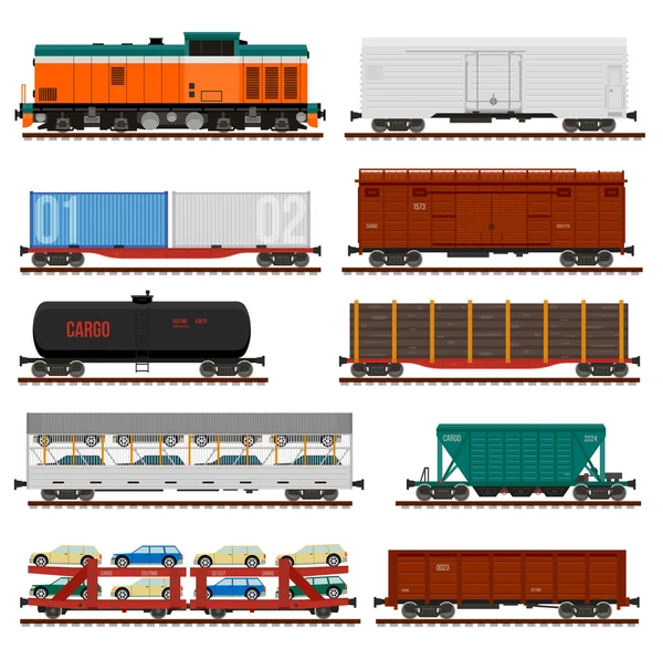 Vector conjunto de vagones de carga de tren, tanques, coches — Vector de stock