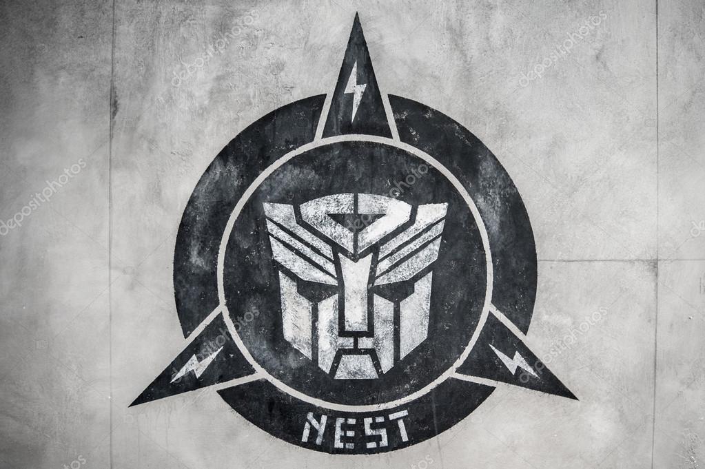 Singapore-April 28,2015:transformer logo (autobot) in wall at Sci-Fi City TRANSFORMERS The Ride,universal studio,singapore