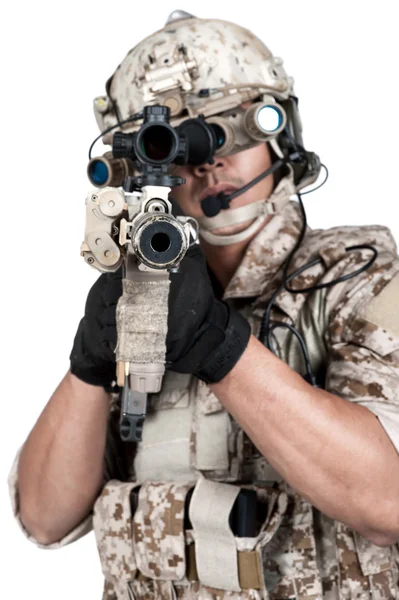 Soldier man full armor hold machine gun in isolated — Stock Photo, Image