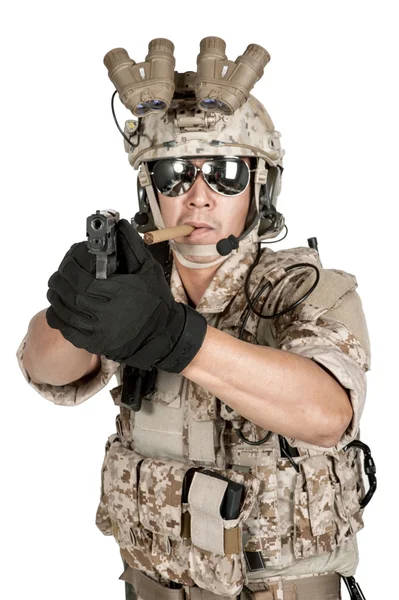 Soldier man full armor hold gun in isolated — Stock Photo, Image