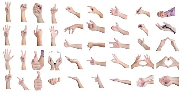 Набір рука показує різні знаки 41 дія ізольовано — стокове фото