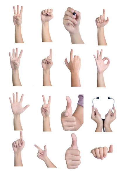 Set di mano che mostra diversi segni 16 azione isolata — Foto Stock