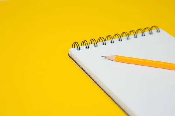 Selective Focus Notebook Pencil Yellow Background Copy Space — Stock Photo, Image