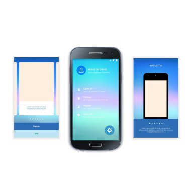 Mobil ekranlar kullanıcı arabirimi Kit. Modern kullanıcı arabirimi Ux, hareket eden acımak telefon ya da yanıt veren web sitesi için kullanıcı arabirimi ekran şablonu. Hoşgeldiniz, onboarding, giriş, kayıt ve ev sayfa düzeni.