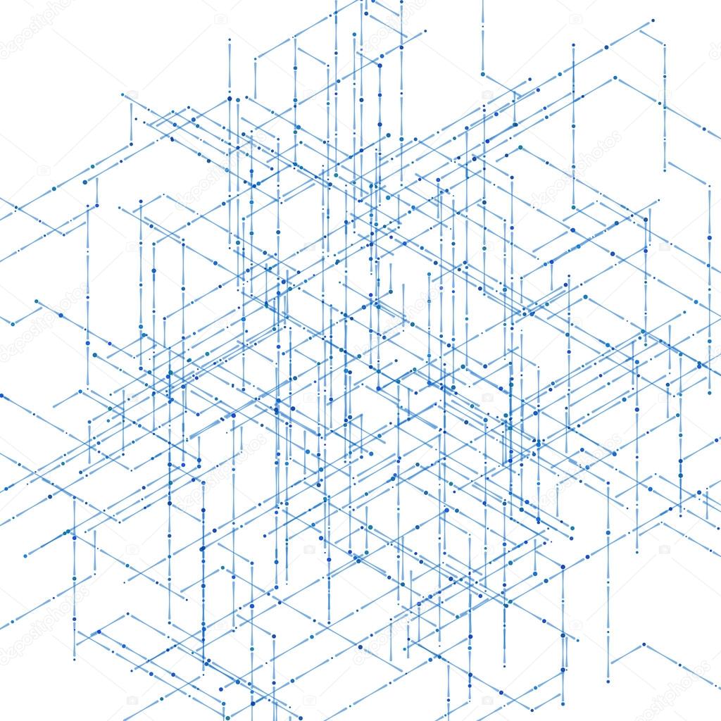 Abstract isometric computer generated 3D blueprint visualization lines background. Vector illustration for break through in technology.