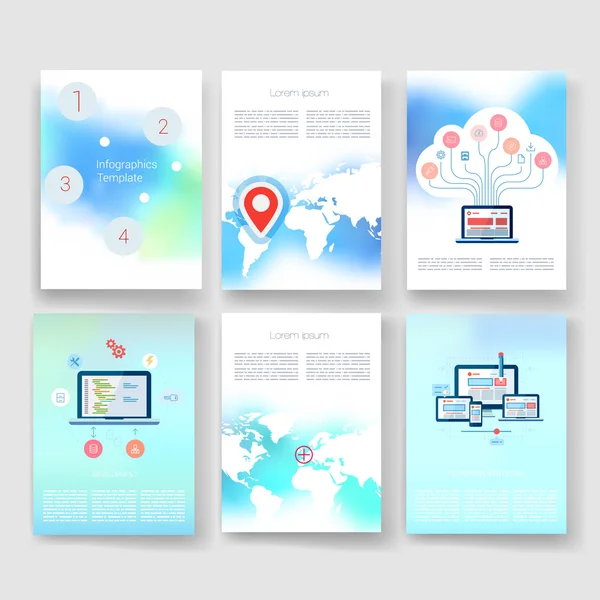 Collezione di modelli di brochure vettoriale. Applicazioni e concetto infografico. Volantino, Brochure Design Templates set. Icone moderne di design piatto per cellulare o smartphone . — Vettoriale Stock