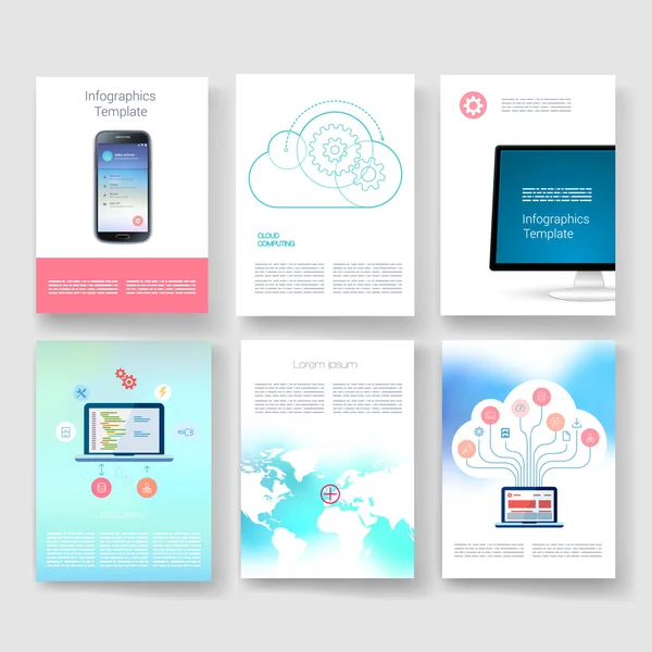 Vector brochure ontwerp templates-collectie. Toepassingen en Infographic Concept. Folder, Brochure ontwerpsjablonen instellen Moderne platte ontwerp pictogrammen voor GSM of smartphone. — Stockvector