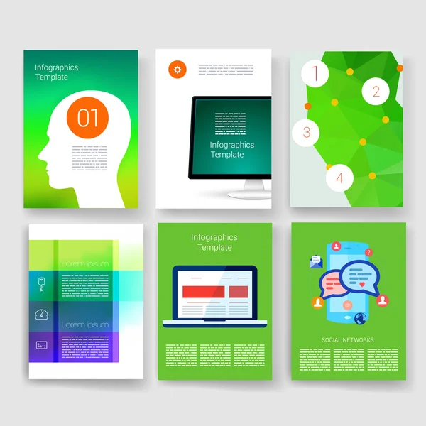 Vector brochure ontwerp templates-collectie. Toepassingen en Infographic Concept. Folder, Brochure ontwerpsjablonen instellen Moderne platte ontwerp pictogrammen voor GSM of smartphone. — Stockvector