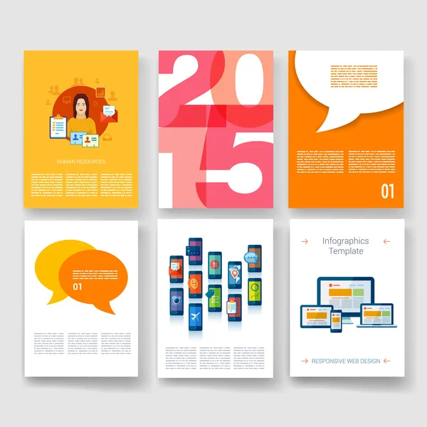 Vector brochure ontwerp templates-collectie. Toepassingen en Infographic Concept. Folder, Brochure ontwerpsjablonen instellen Moderne platte ontwerp pictogrammen voor GSM of smartphone. — Stockvector