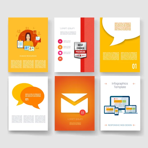 Collezione di modelli di brochure vettoriale. Applicazioni e concetto infografico. Volantino, Brochure Design Templates set. Icone moderne di design piatto per cellulare o smartphone . — Vettoriale Stock