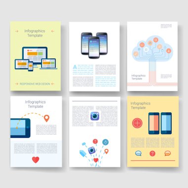 Vektör broşür tasarım şablonları koleksiyonu. Uygulamalar ve Infographic kavramı. El ilanı, broşür tasarım şablonları ayarlayın. Hareket eden ya da smartphone için modern düz tasarım simgeler.