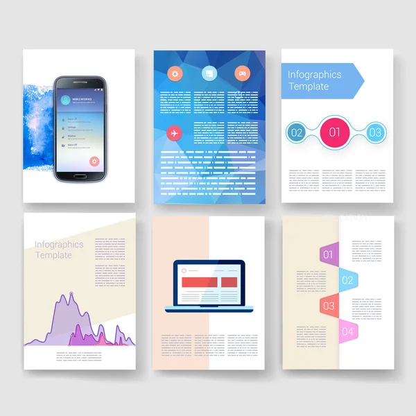 Vector broschyr design mallar samling. Program och Infographic koncept. Flyer, broschyr designmallar uppsättning. Modern platt design ikoner för mobil eller smartphone. — Stock vektor