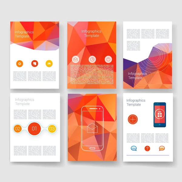 Vektor Broschüre Design Templates Sammlung. Anwendungen und Infografik-Konzept. Flyer, Broschüren-Design-Vorlagen gesetzt. moderne flache Design-Icons für Handy oder Smartphone. — Stockvektor