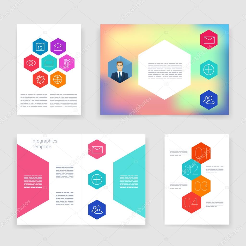 Templates. Vector brochure design collection. Applications and Infographic Concept. Flyer, Brochure Design Templates set. Modern flat design icons for mobile or smartphone on a light background.