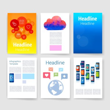 Şablon. El ilanı, broşür tasarım şablonları kümesi. Mobil teknolojiler, uygulamalar ve Infographic kavramı. Hareket eden ya da hafif bir arka plan üzerinde smartphone için modern düz tasarım simgeler.