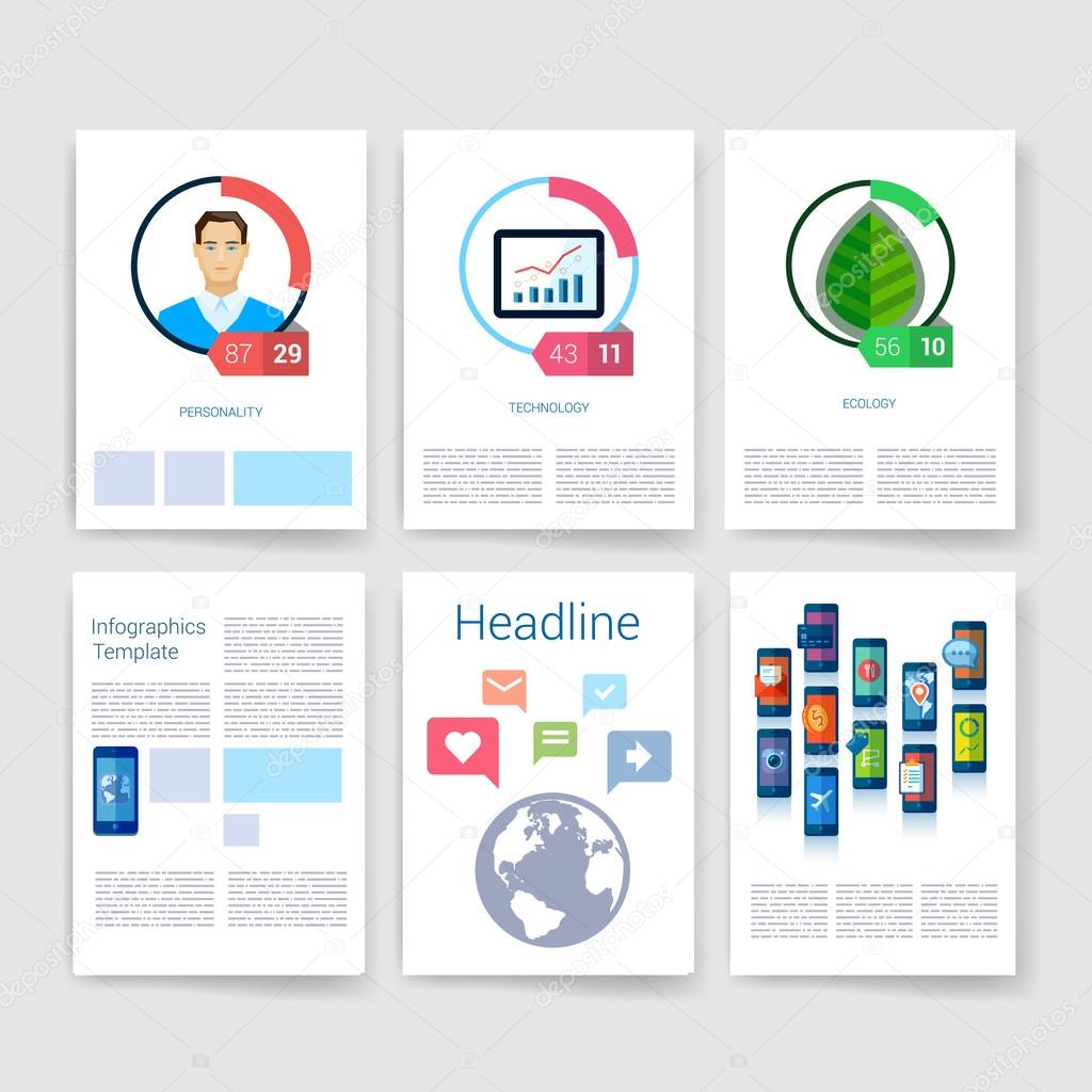 Templates. Set of Flyer, Brochure Design Templates. Mobile Technologies, Applications and Infographic Concept. Modern flat design icons for mobile or smartphone on a light background.