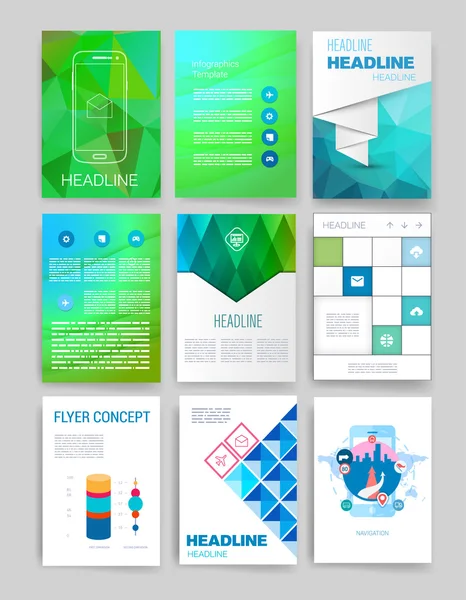 Vorlagen. Design-Set von Web, E-Mail, Broschüren. mobil, technologie, infografisches konzept. moderne Flach- und Liniensymbole. App ui interface mockup. Webdesign. — Stockvektor