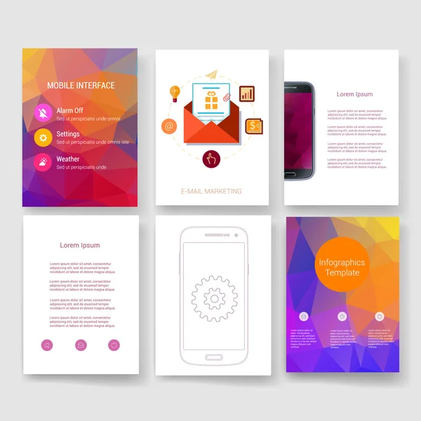 Templates. Design Set of Web, Mail, Brochures. Mobile, Technology, Infographic Concept. Modern flat and line icons. App UI interface mockup. Web ux design. — Stok Vektör