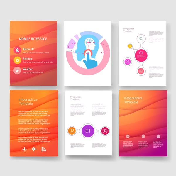 Vorlagen. Design-Set von Web, E-Mail, Broschüren. mobil, technologie, infografisches konzept. moderne Flach- und Liniensymbole. App ui interface mockup. Webdesign. — Stockvektor