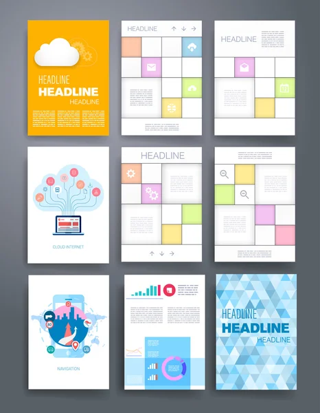 Vorlagen. Design-Set von Web, E-Mail, Broschüren. mobil, technologie, infografisches konzept. moderne Flach- und Liniensymbole. App ui interface mockup. Webdesign. — Stockvektor