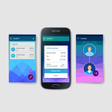 Modern kullanıcı arabirimi ekran hareket eden acımak telefon ya da web sitesi şablonu. Şeffaf bulanık malzeme tasarımına UI ile kutsal kişilerin resmi.