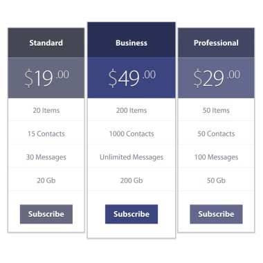 Modern user interface screen price signup template for mobile smart phone or web site. Transparent blurred material design UI with icons.