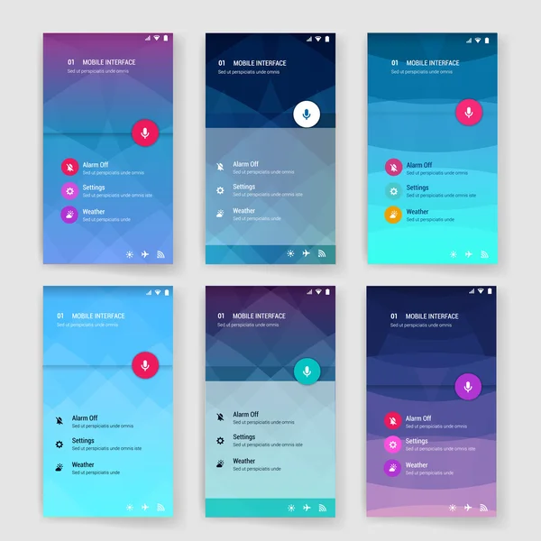 Modelo de tela de interface de usuário moderno para telefone inteligente móvel ou site. UI de design de material desfocado transparente com ícones . — Vetor de Stock