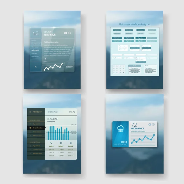 Modelo de tela de interface de usuário moderno para telefone inteligente móvel ou site. UI de design de material desfocado transparente com ícones . — Vetor de Stock