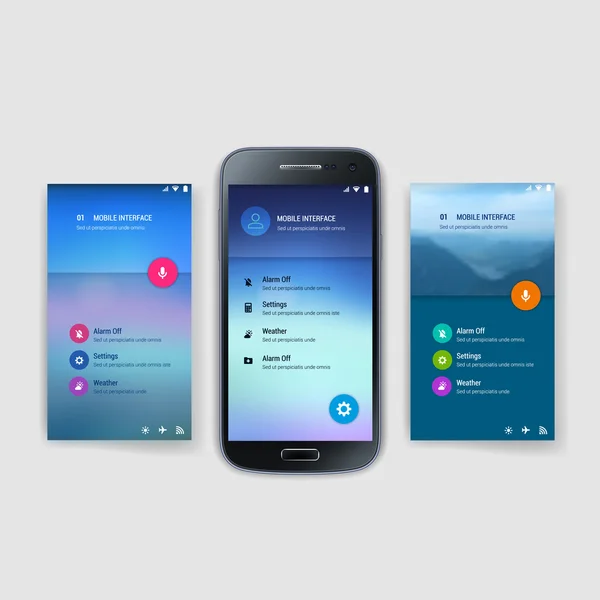 Plantilla de pantalla de interfaz de usuario moderna para teléfono inteligente móvil o sitio web. Interfaz de usuario de diseño de material borroso transparente con iconos . — Archivo Imágenes Vectoriales