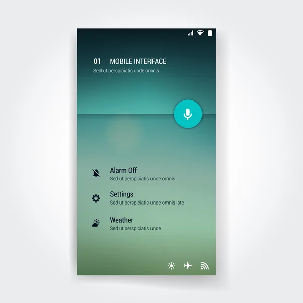 Modern user interface screen template for mobile smart phone or web site. Transparent blurred material design UI with icons. — Stock Vector