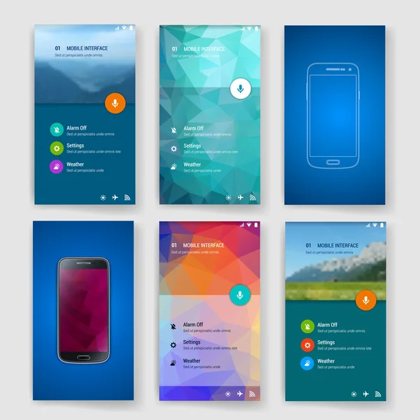 Modelo de tela de interface de usuário moderno para telefone inteligente móvel ou site. UI de design de material desfocado transparente com ícones . — Vetor de Stock