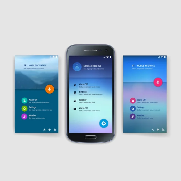 Modelo de tela de interface de usuário moderno para telefone inteligente móvel ou site. UI de design de material desfocado transparente com ícones . — Vetor de Stock
