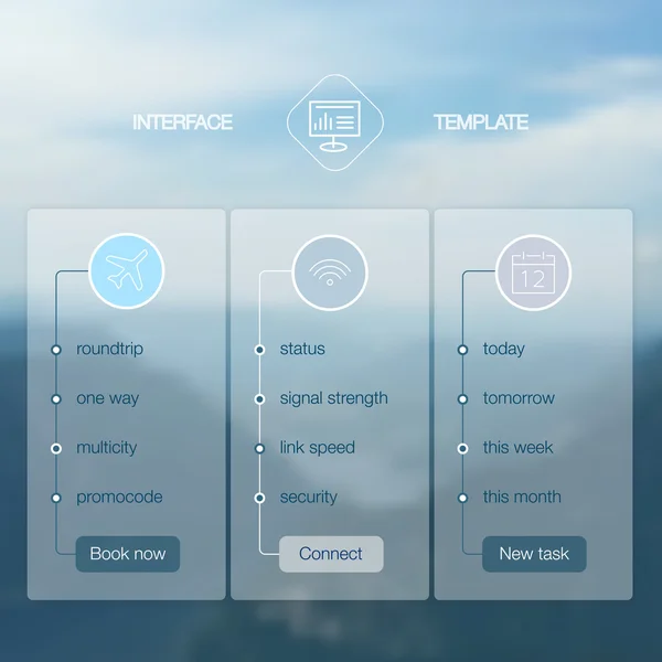 Modelo de tela de interface de usuário moderno para telefone inteligente móvel ou site. UI de design de material desfocado transparente com ícones . — Vetor de Stock